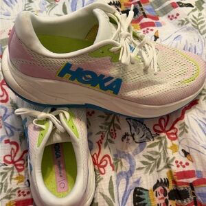 Hoka women’s White, Pink and Lime Running Sneakers